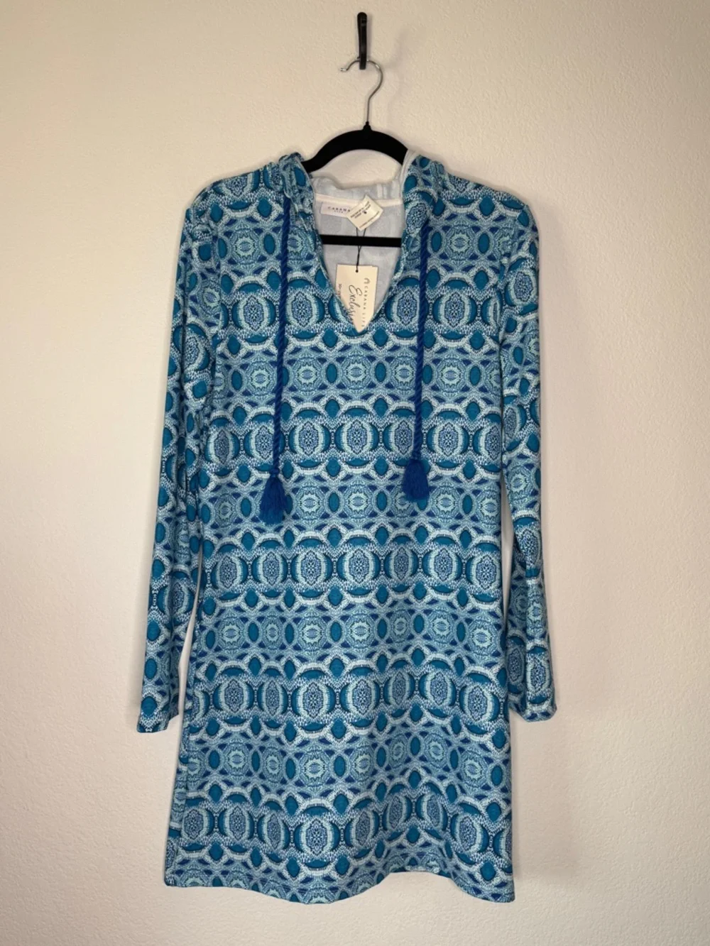 Cabana Life Road Map Hooded UPF 50 Coverup Blue White Tassel Tie NWT Size S